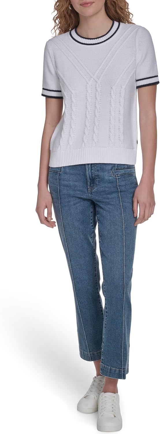image:imageNautica Womens Short Sleeve Cable Pullover Sweater with TippingBright White Multi