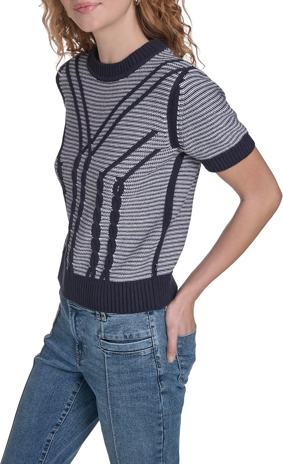 image:imageNautica Womens Short Sleeve Cable Pullover Sweater with TippingNight Sky Ivory