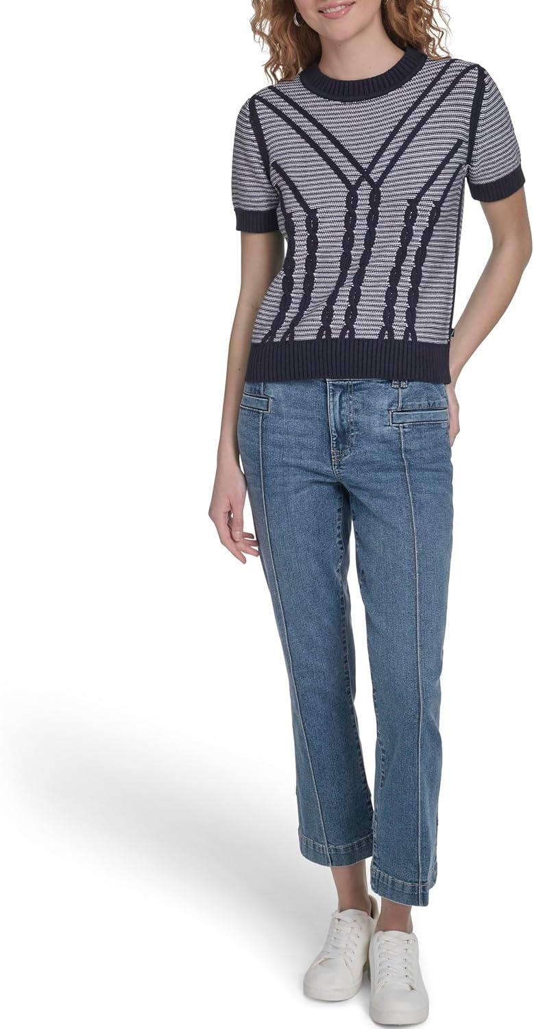 image:imageNautica Womens Short Sleeve Cable Pullover Sweater with TippingNight Sky Ivory