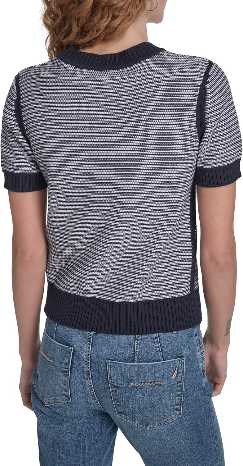 image:imageNautica Womens Short Sleeve Cable Pullover Sweater with TippingNight Sky Ivory