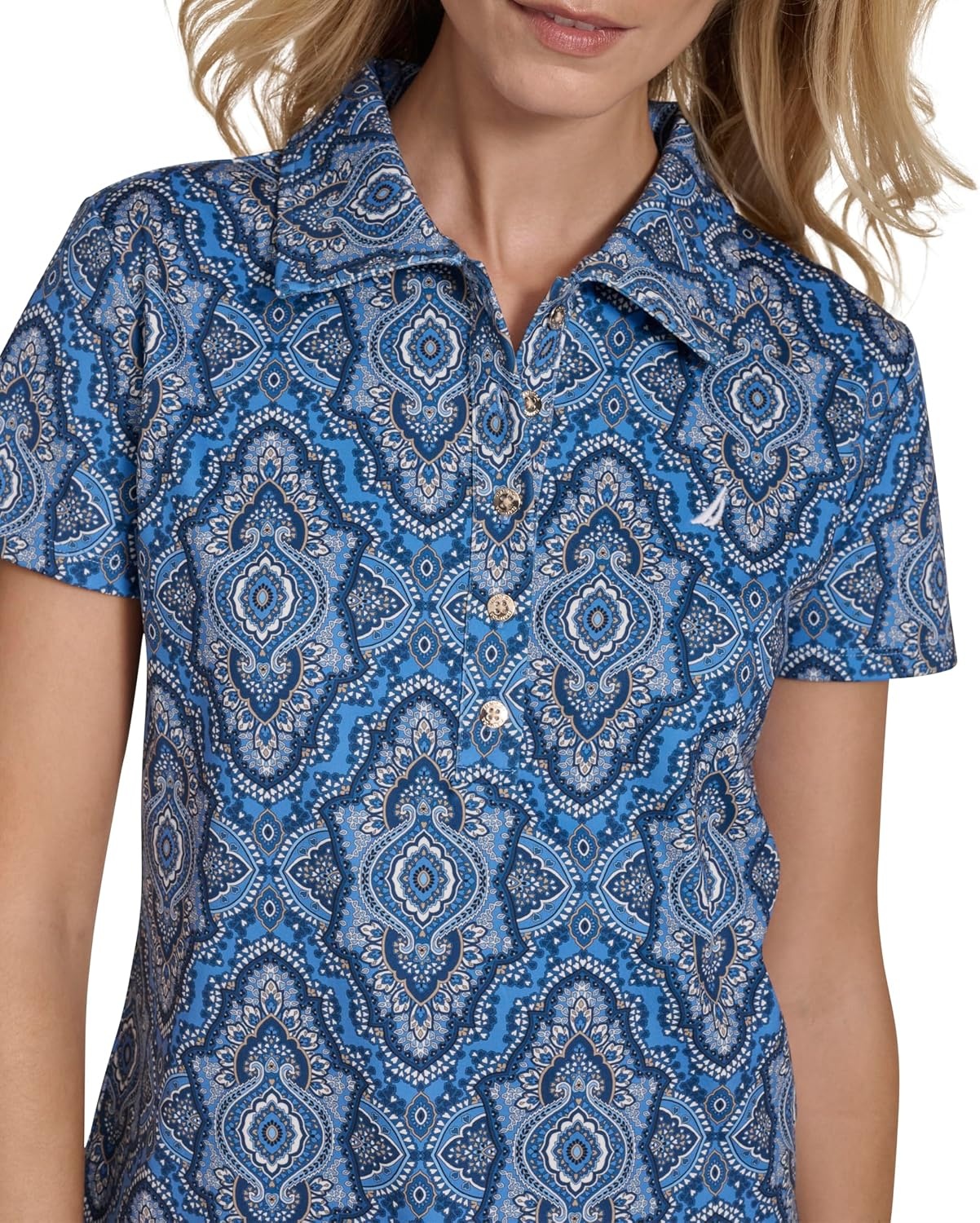 image:imageNautica Womens Short Sleeve Collared Cotton Interlock Soft Touch PoloFrench Blue Multi