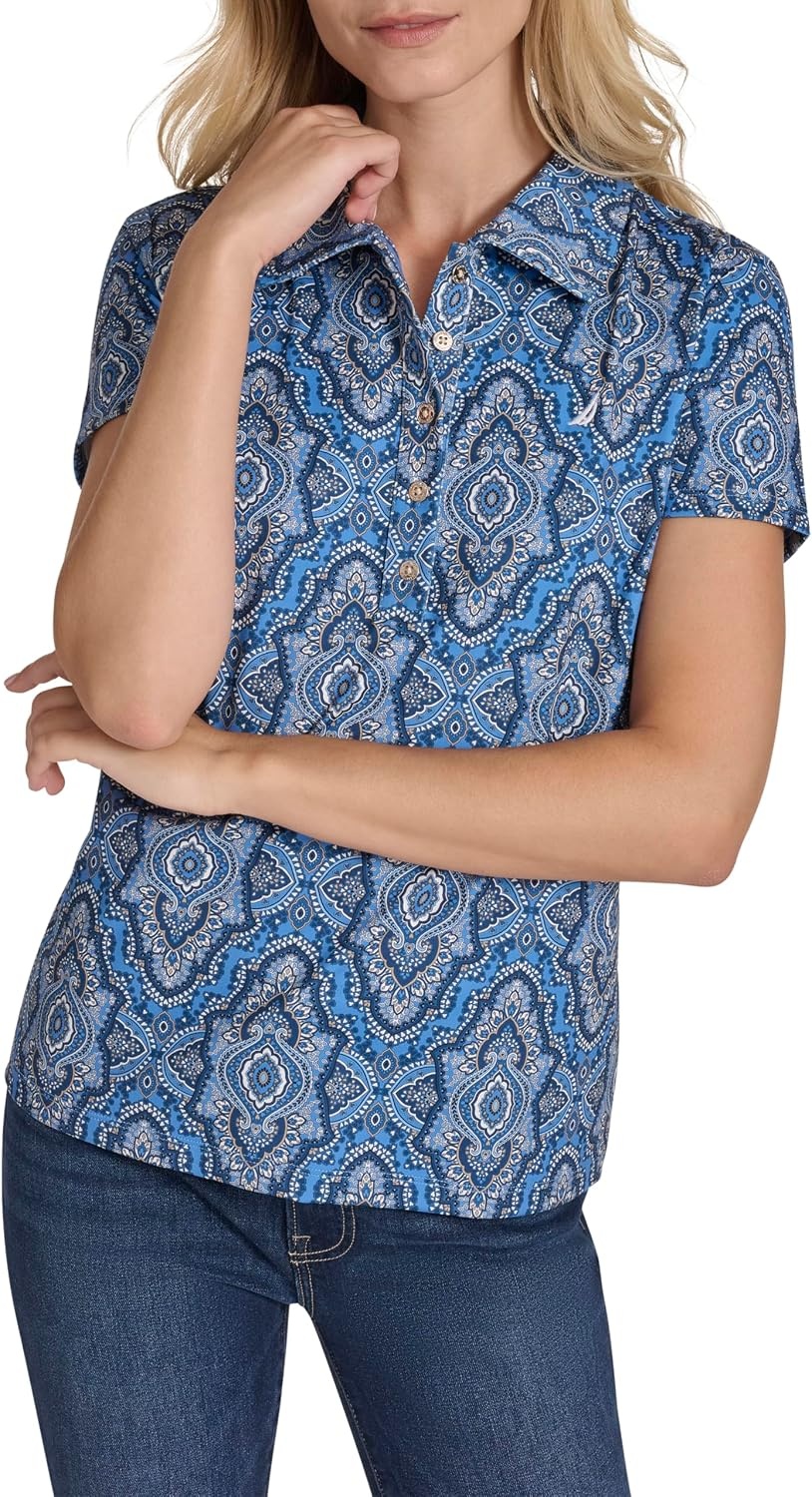 image:imageNautica Womens Short Sleeve Collared Cotton Interlock Soft Touch PoloFrench Blue Multi