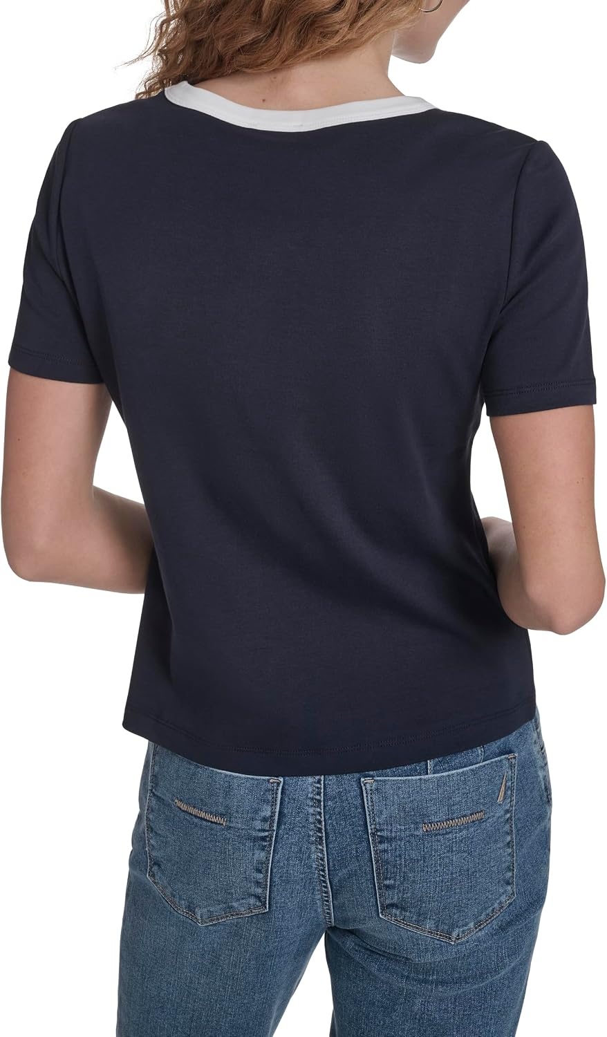 image:imageNautica Womens Short Sleeve Contrast Knit Pullover TopNight Sky Bright White