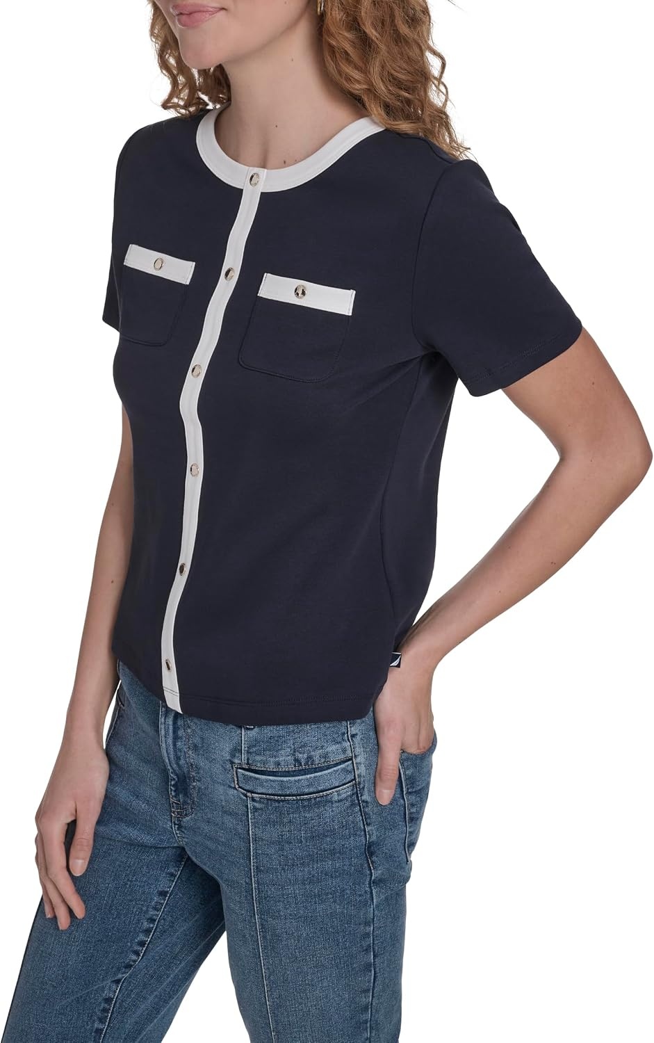 image:imageNautica Womens Short Sleeve Contrast Knit Pullover TopNight Sky Bright White