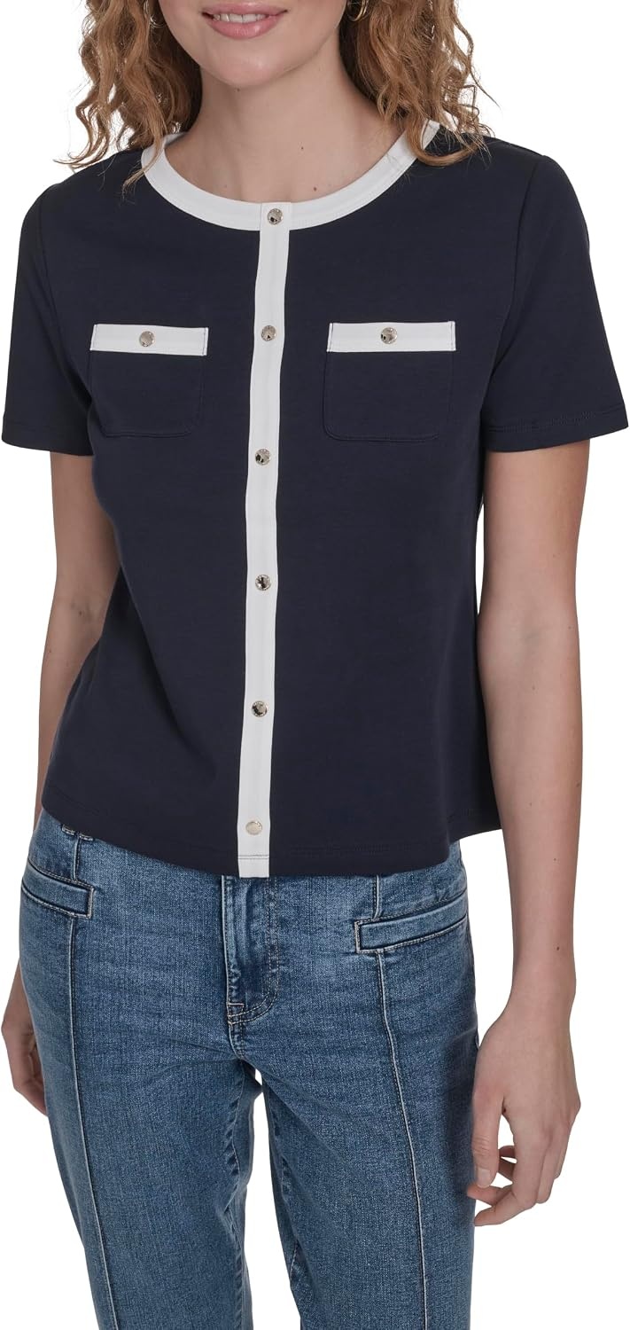 image:imageNautica Womens Short Sleeve Contrast Knit Pullover TopNight Sky Bright White