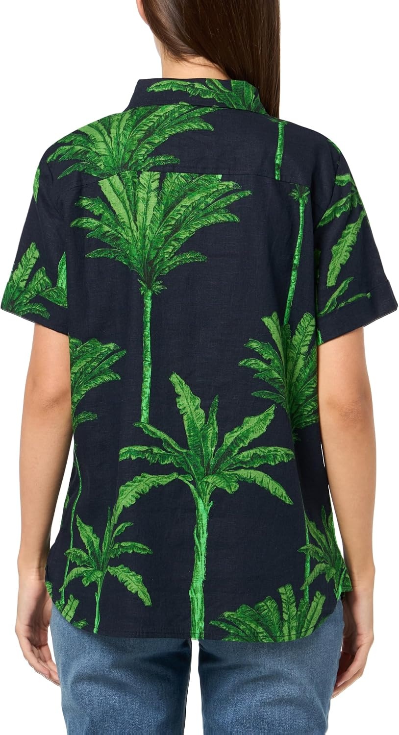 image:imageNautica Womens Short Sleeve Linen Blend Button Up Collared Camp ShirtNight Sky Multi