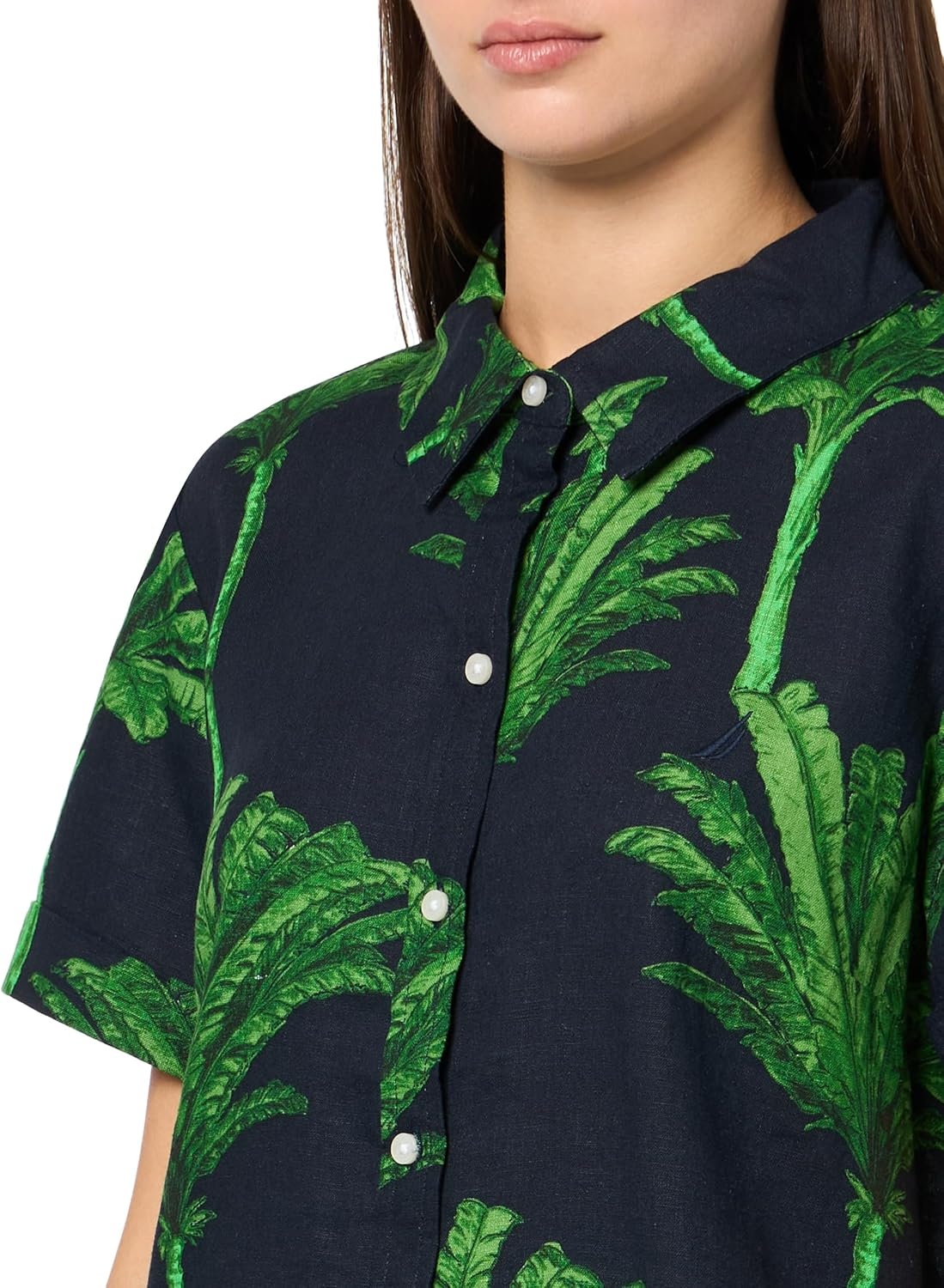 image:imageNautica Womens Short Sleeve Linen Blend Button Up Collared Camp ShirtNight Sky Multi