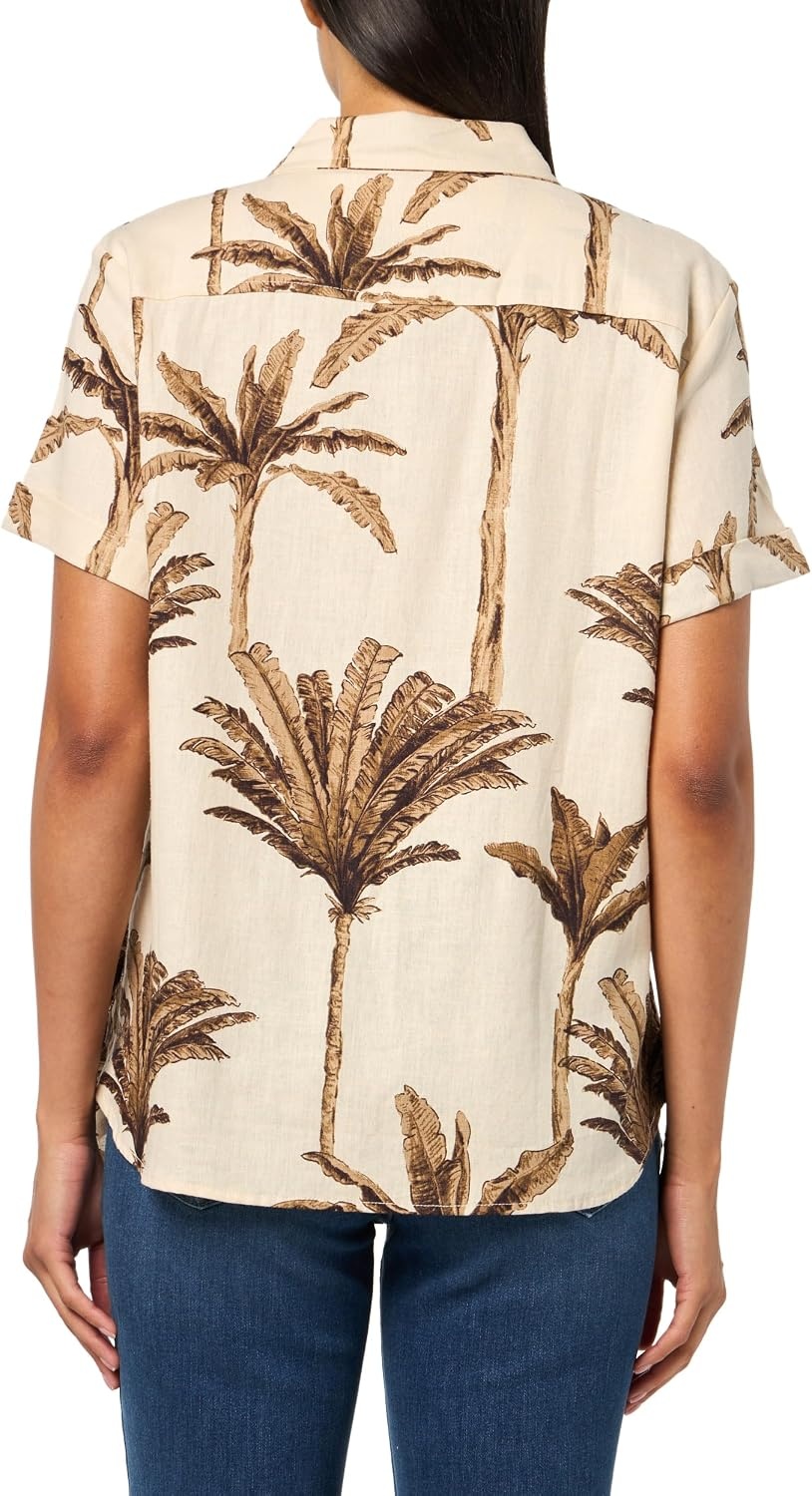 image:imageNautica Womens Short Sleeve Linen Blend Button Up Collared Camp ShirtParchment Multi