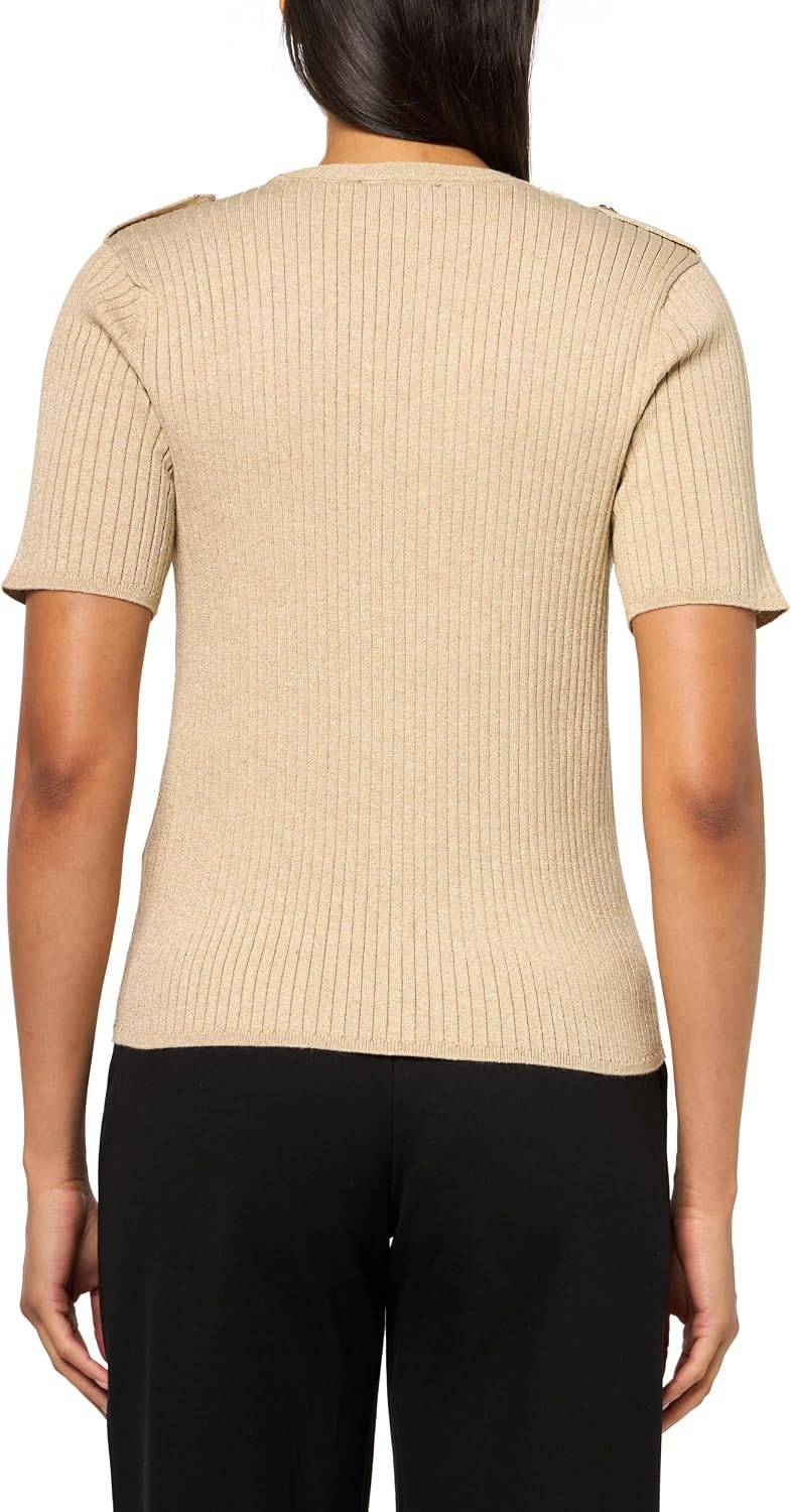 image:imageNautica Womens Short Sleeve Lurex VNeck PulloverLight Heather Fawn With Gold
