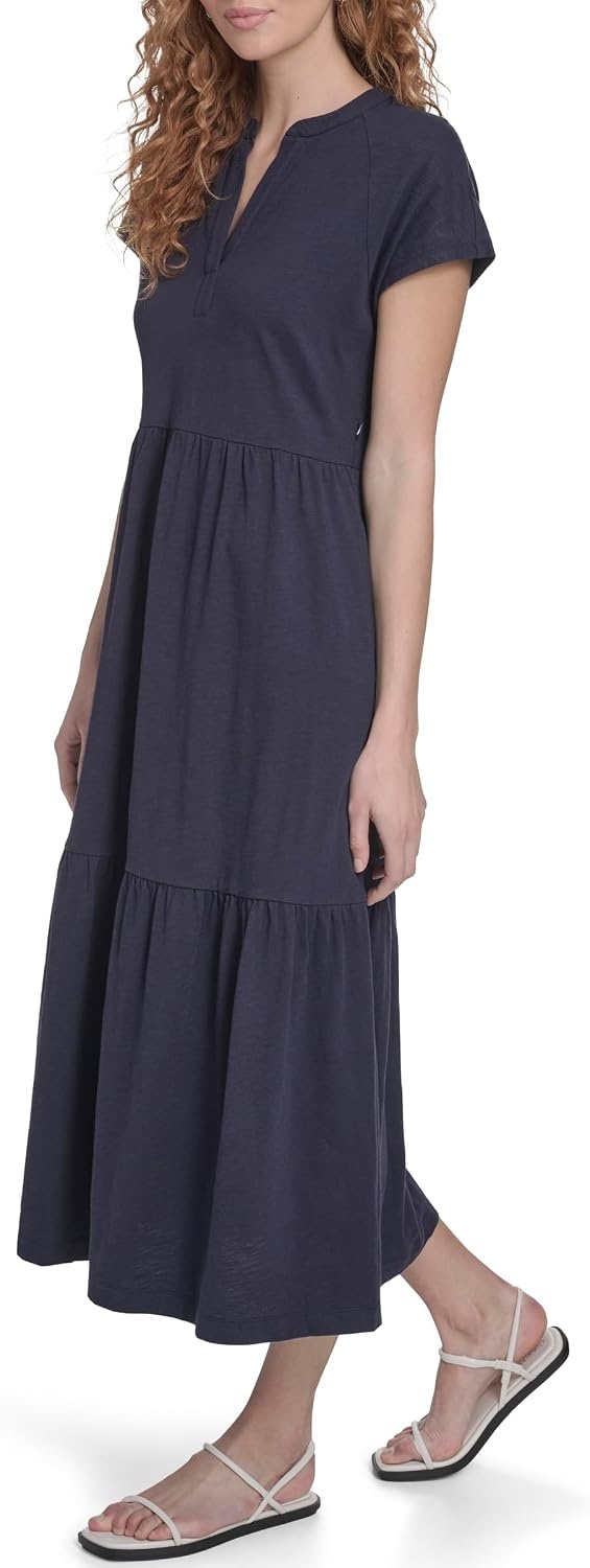 image:imageNautica Womens Short Sleeve Midi Tiered Solid DressNight Sky