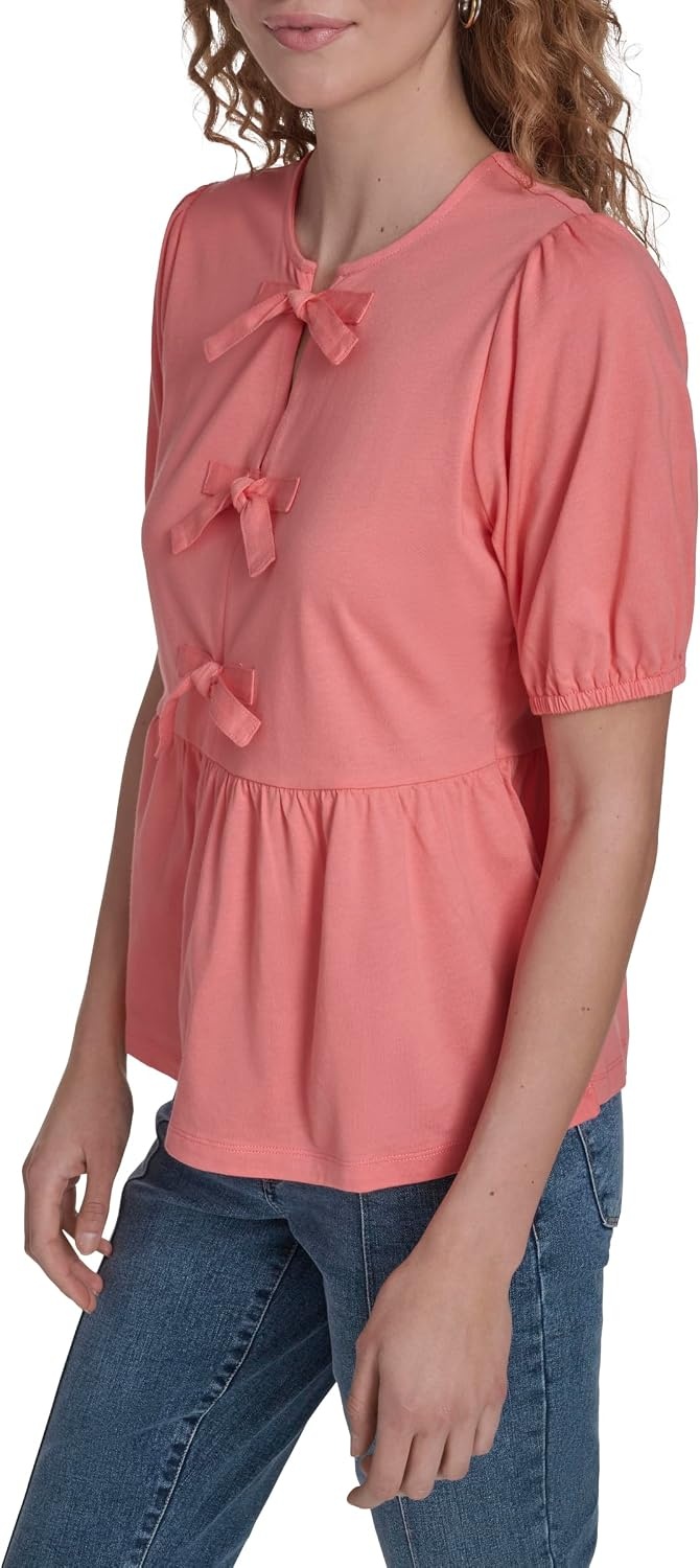 image:imageNautica Womens Short Sleeve Peplum Solid Bow Detail TopBloom