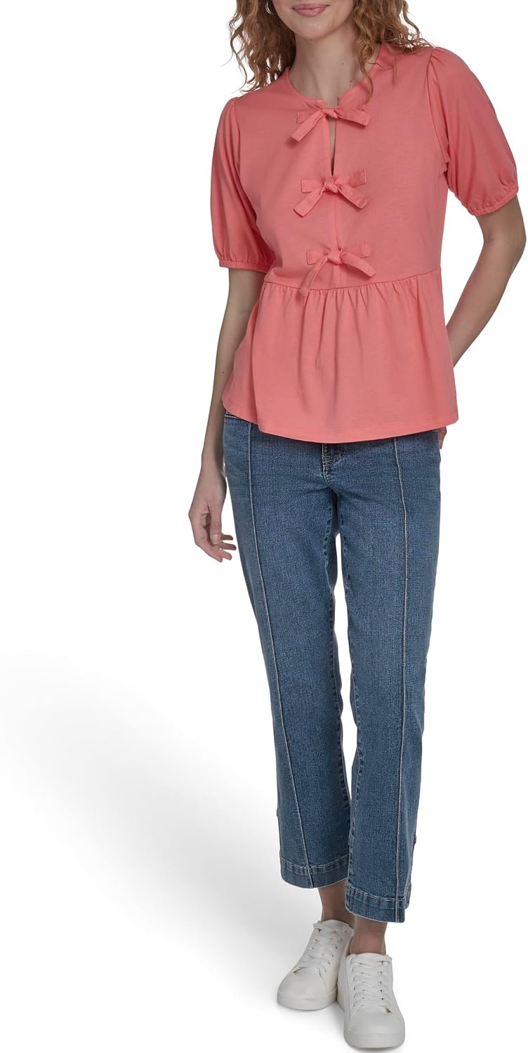 image:imageNautica Womens Short Sleeve Peplum Solid Bow Detail TopBloom