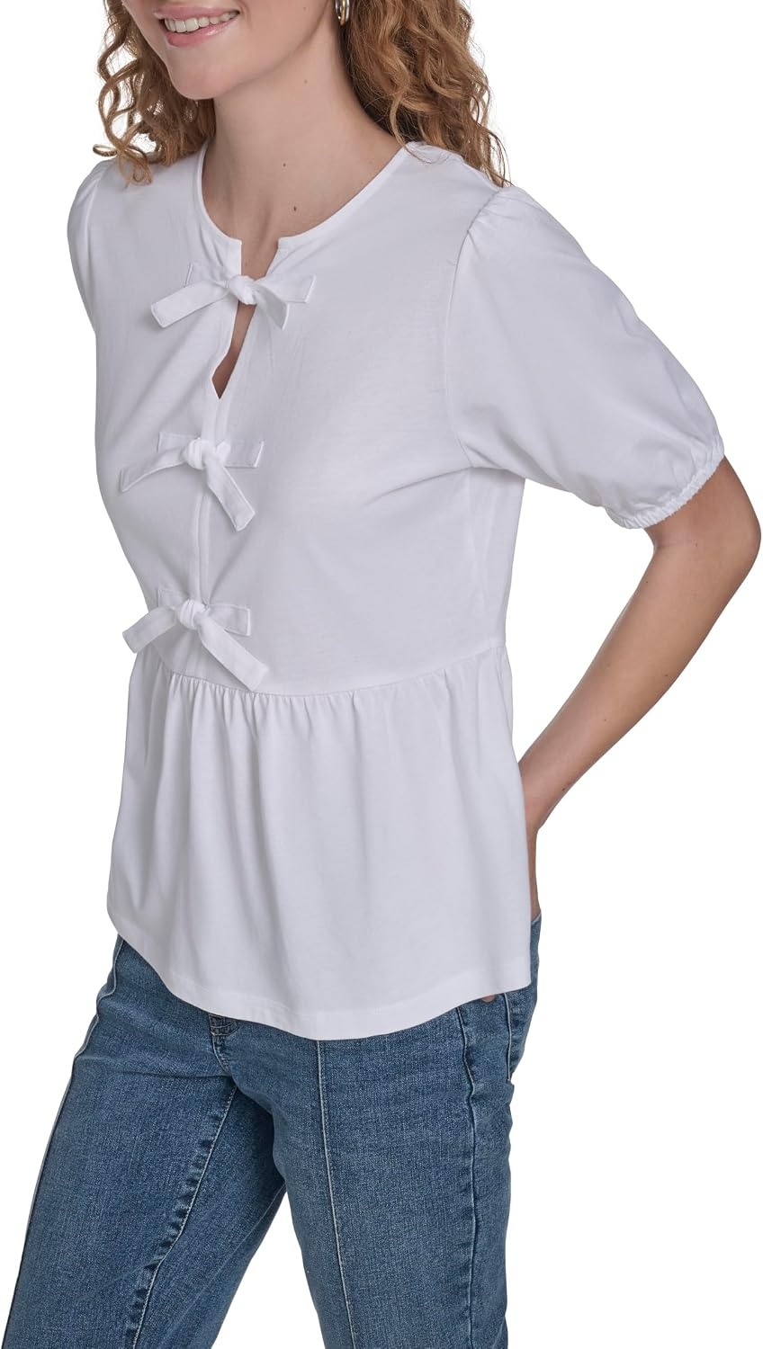 image:imageNautica Womens Short Sleeve Peplum Solid Bow Detail TopBright White