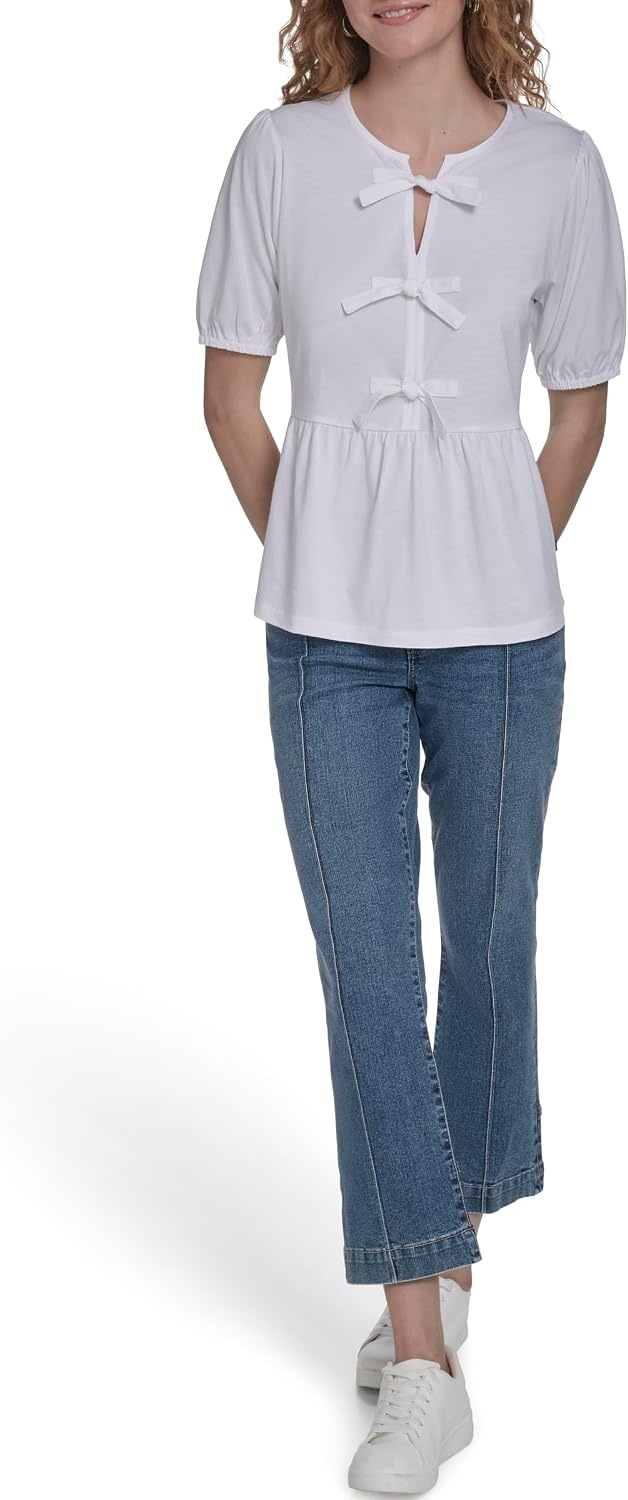 image:imageNautica Womens Short Sleeve Peplum Solid Bow Detail TopBright White