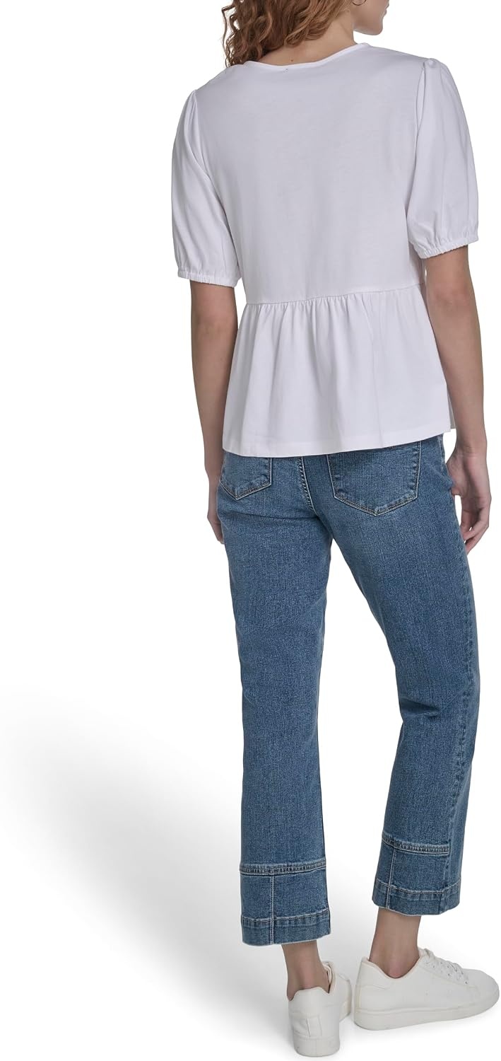 image:imageNautica Womens Short Sleeve Peplum Solid Bow Detail TopBright White