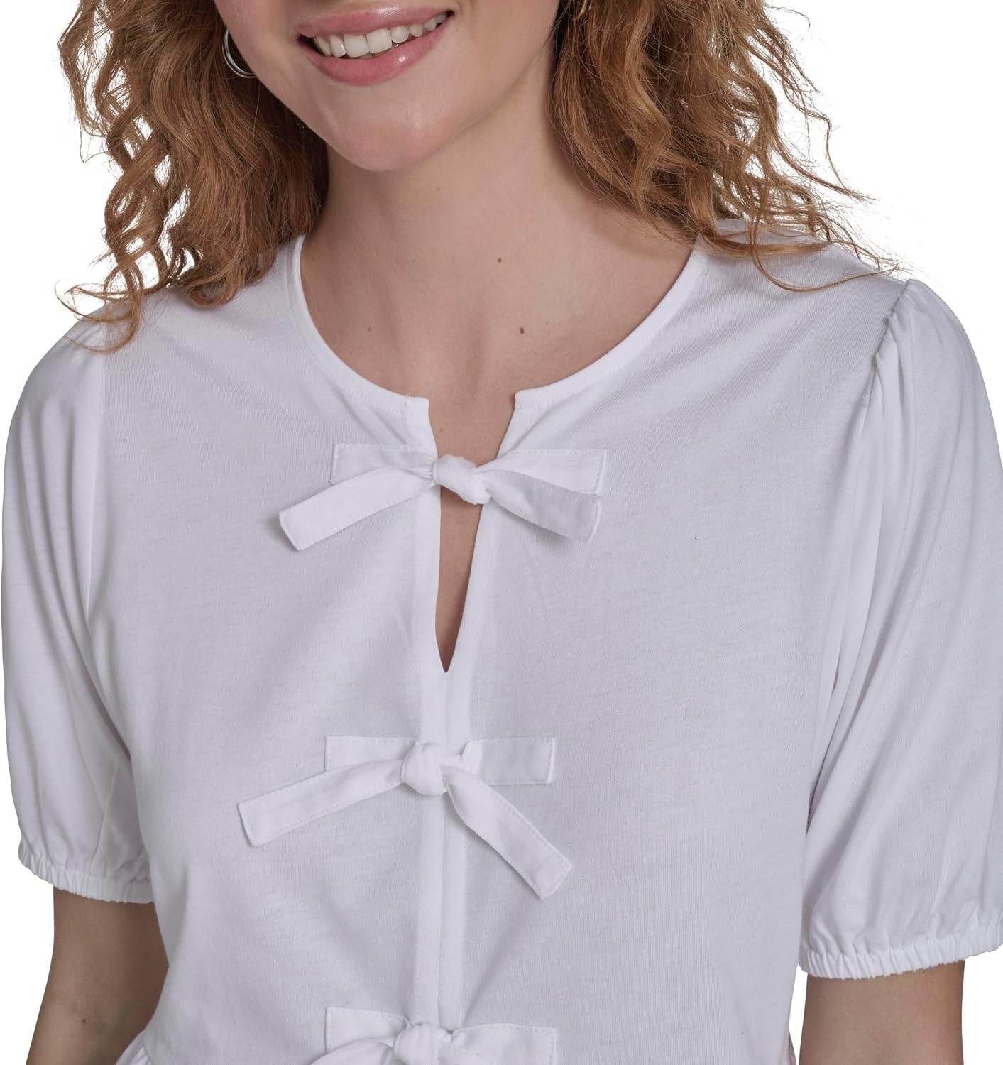 image:imageNautica Womens Short Sleeve Peplum Solid Bow Detail TopBright White