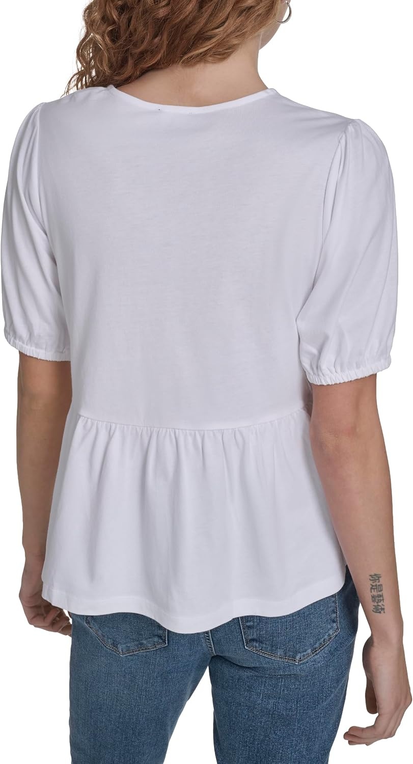 image:imageNautica Womens Short Sleeve Peplum Solid Bow Detail TopBright White