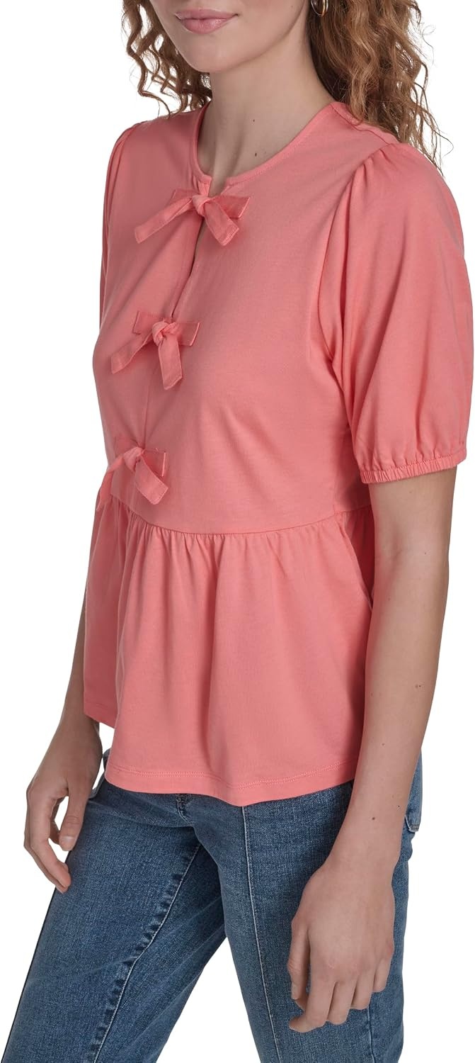 image:imageNautica Womens Short Sleeve Peplum Solid Bow Detail TopPeony