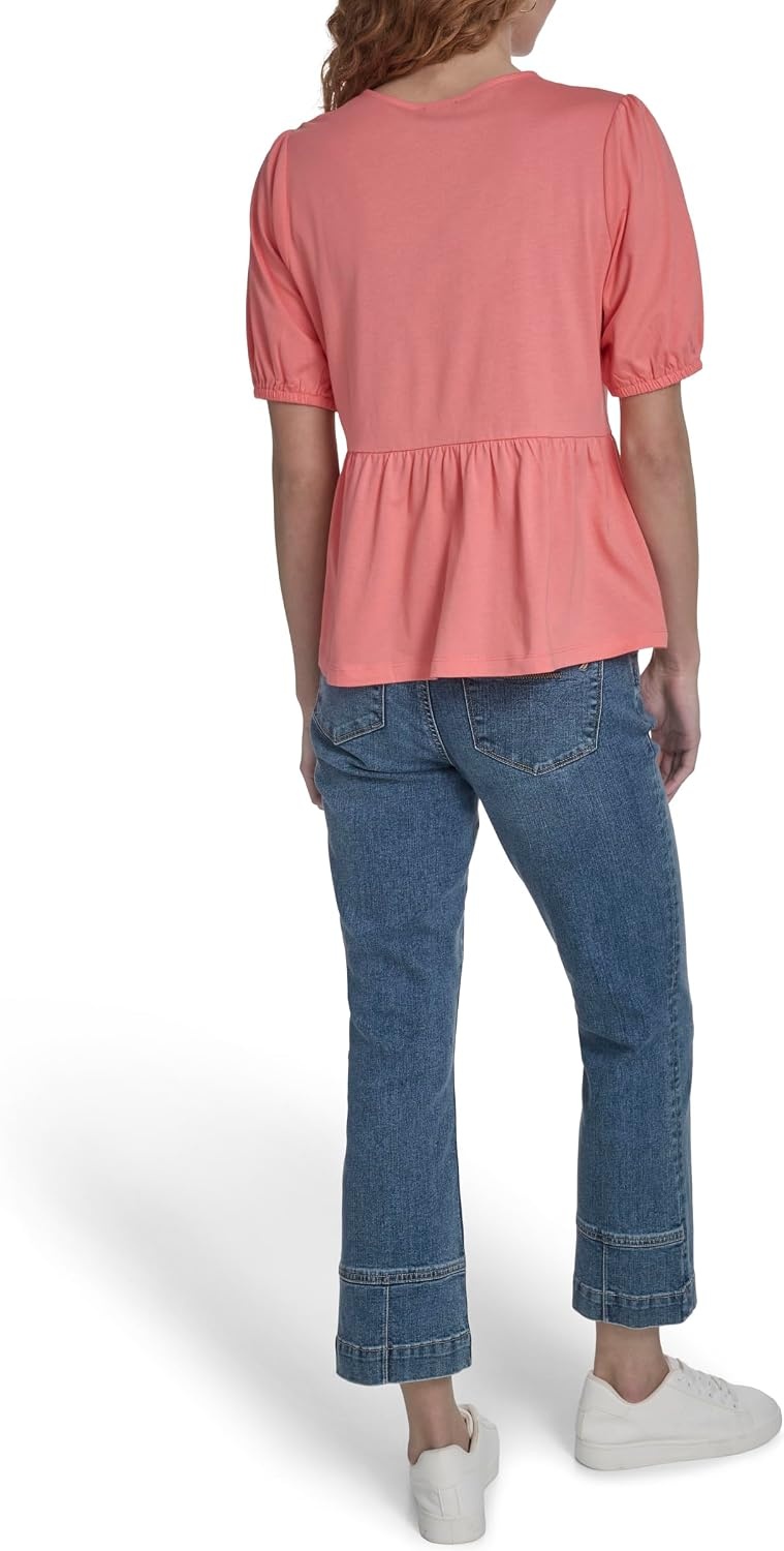 image:imageNautica Womens Short Sleeve Peplum Solid Bow Detail TopPeony