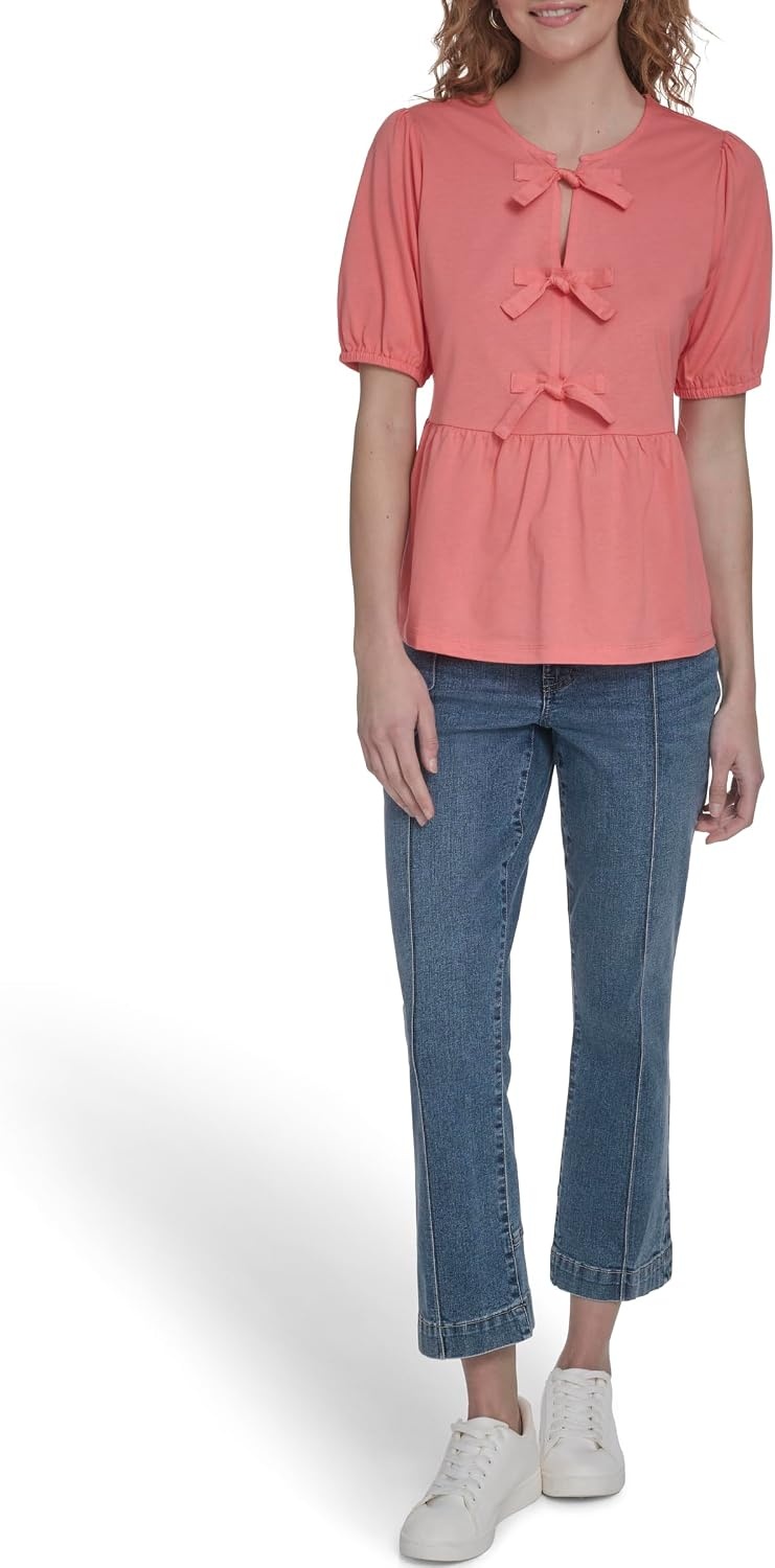 image:imageNautica Womens Short Sleeve Peplum Solid Bow Detail TopPeony