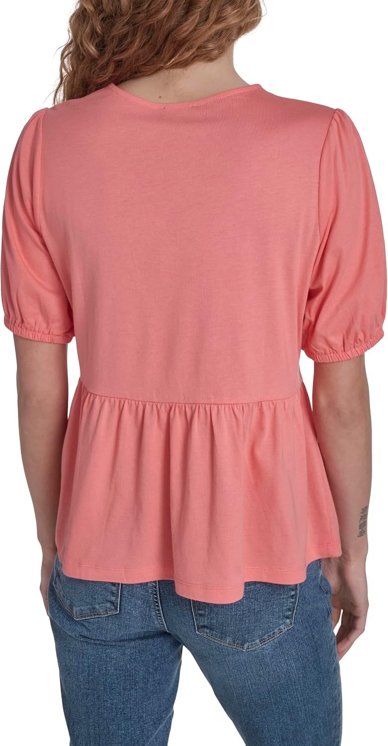 image:imageNautica Womens Short Sleeve Peplum Solid Bow Detail TopPeony