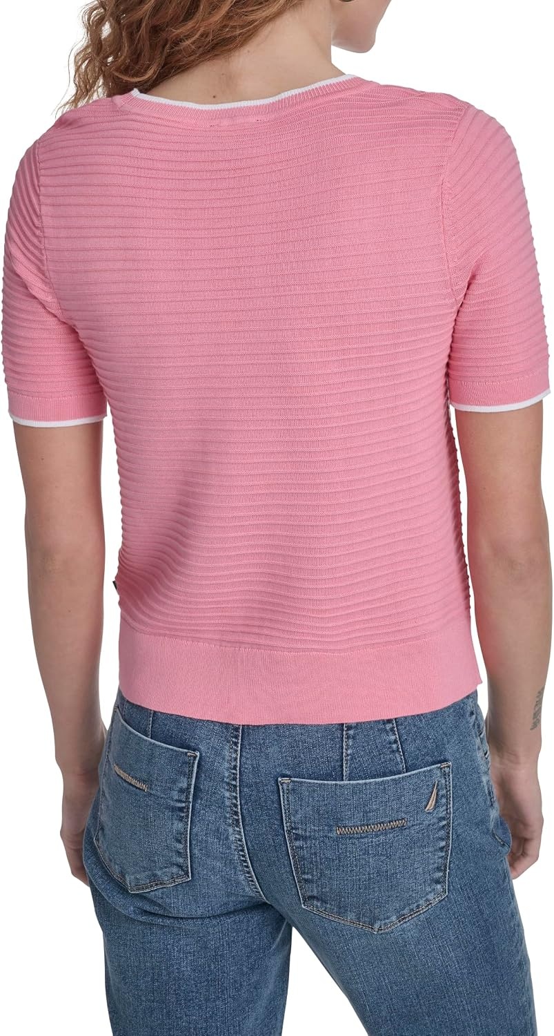 image:imageNautica Womens Short Sleeve Striped Pullover Sweater with TippingEnglish RoseWhite