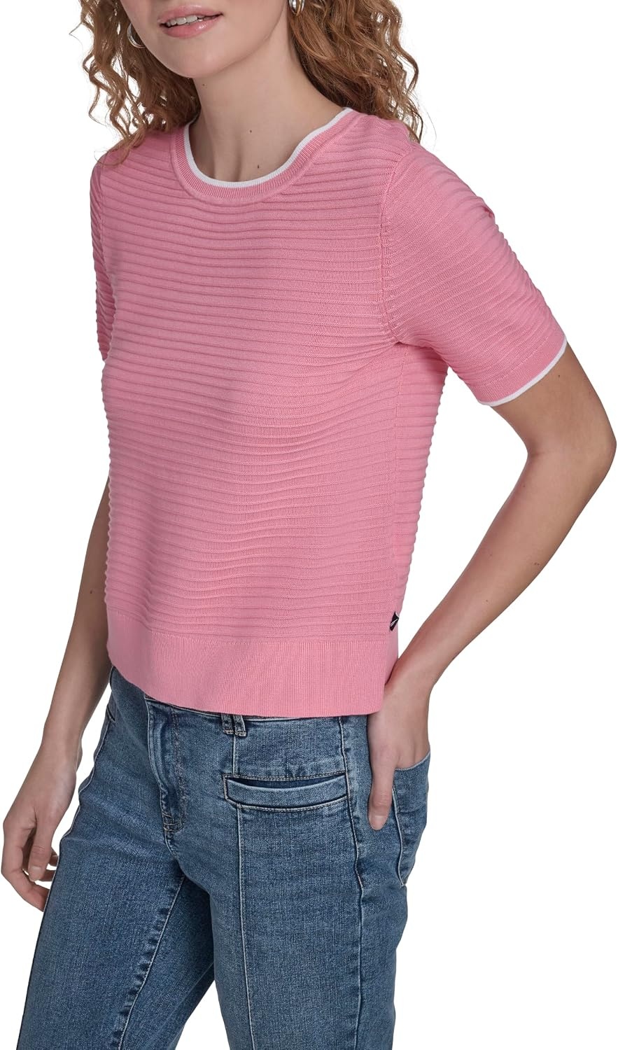image:imageNautica Womens Short Sleeve Striped Pullover Sweater with TippingEnglish RoseWhite