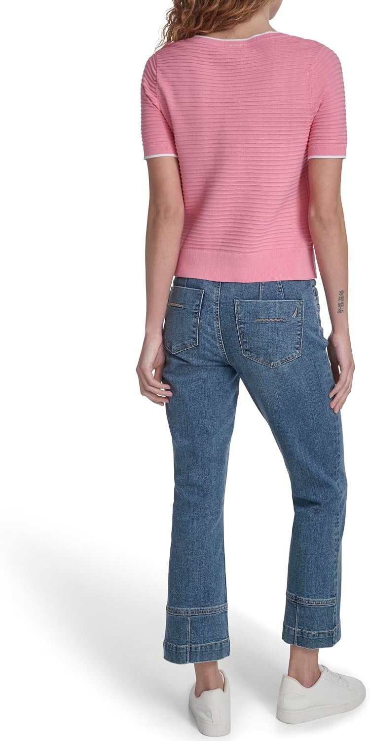 image:imageNautica Womens Short Sleeve Striped Pullover Sweater with TippingEnglish RoseWhite