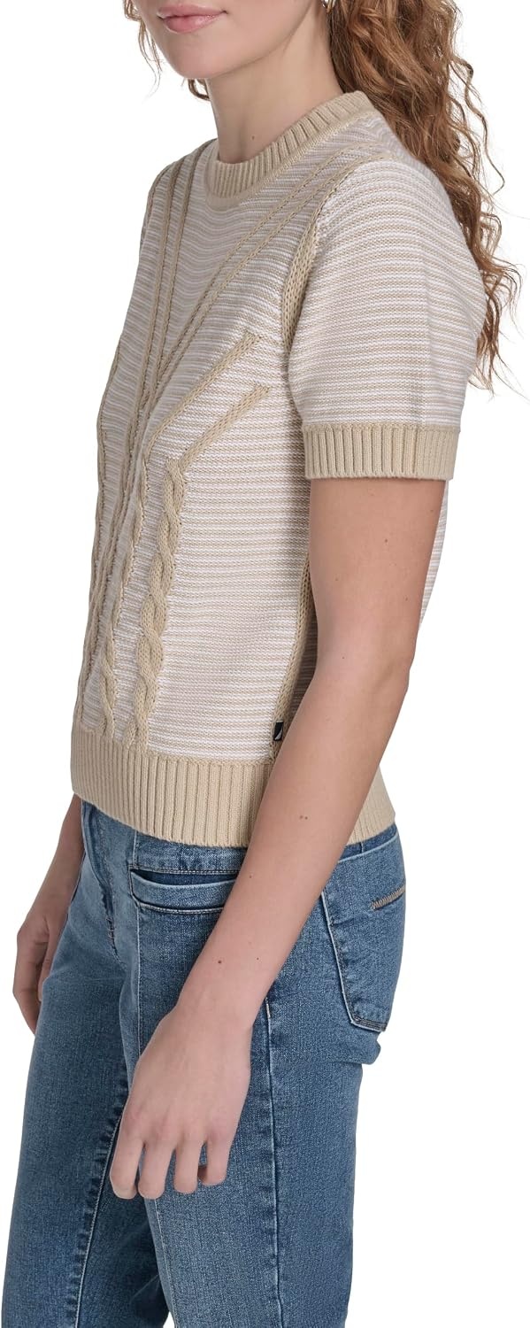 image:imageNautica Womens Short Sleeve Striped Pullover Sweater with TippingNight Sky Bright White