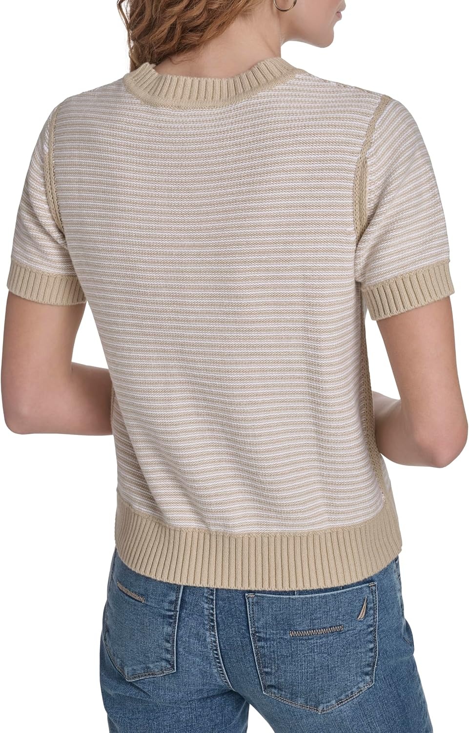 image:imageNautica Womens Short Sleeve Striped Pullover Sweater with TippingNight Sky Bright White