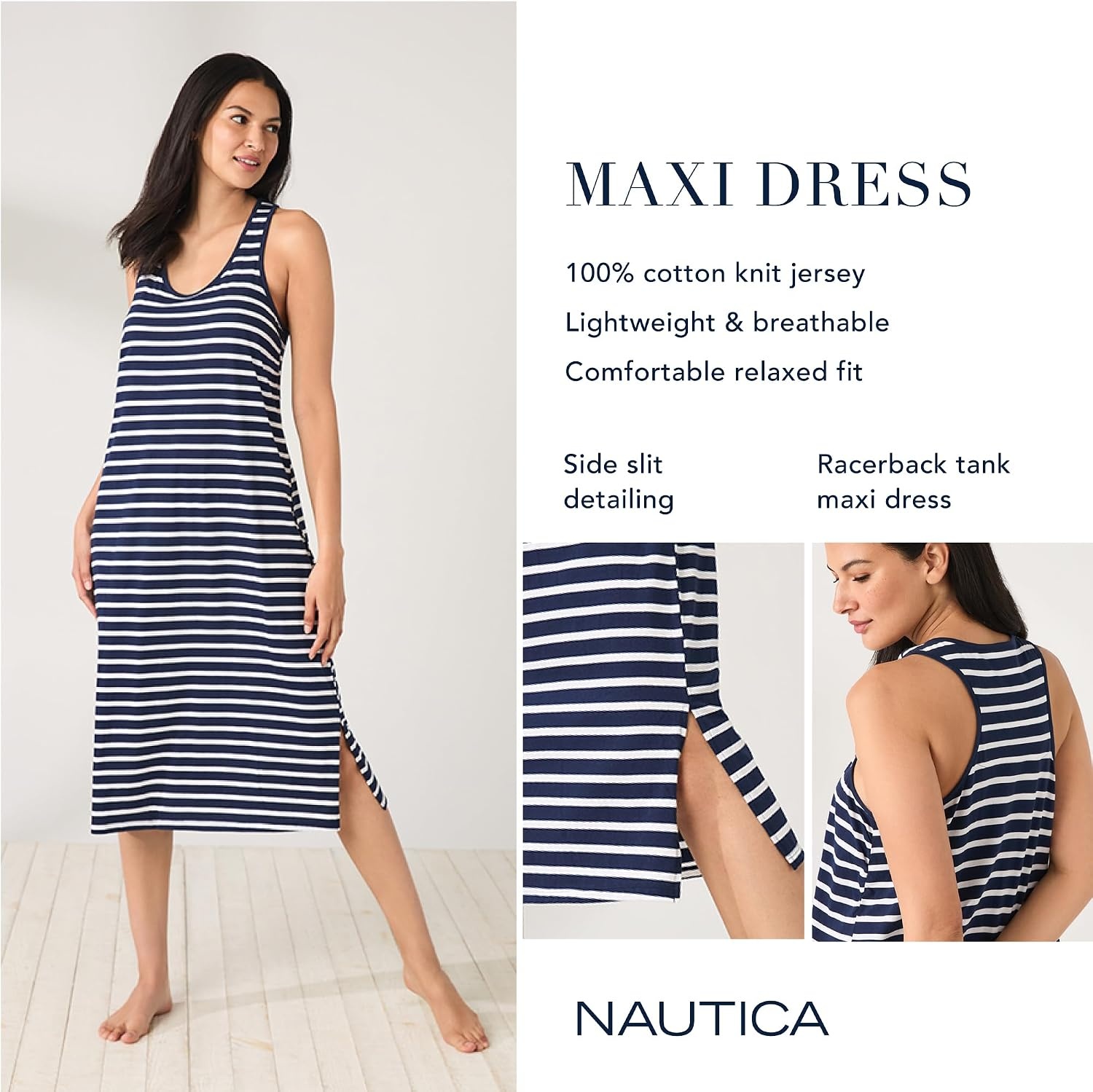 image:imageNautica Womens Sleep Dress 100 Cotton Jersey Knit Racerback Full Length Nightgown with SlitNavy Blue Stripe