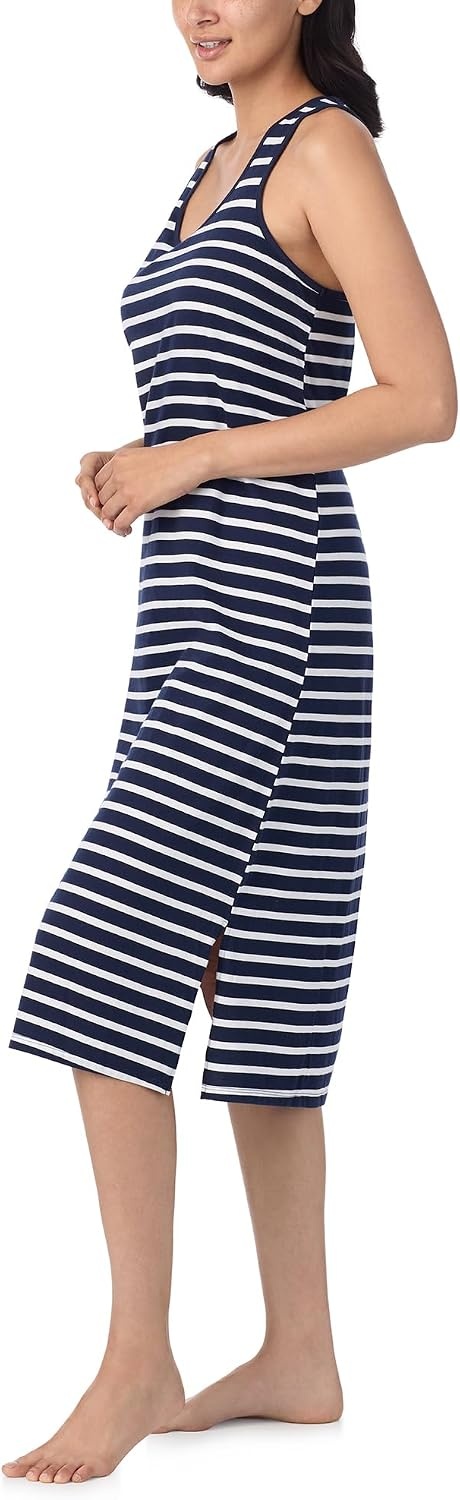image:imageNautica Womens Sleep Dress 100 Cotton Jersey Knit Racerback Full Length Nightgown with SlitNavy Blue Stripe