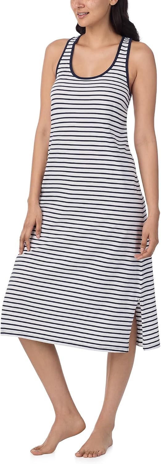 image:imageNautica Womens Sleep Dress 100 Cotton Jersey Knit Racerback Full Length Nightgown with SlitWhite Stripe