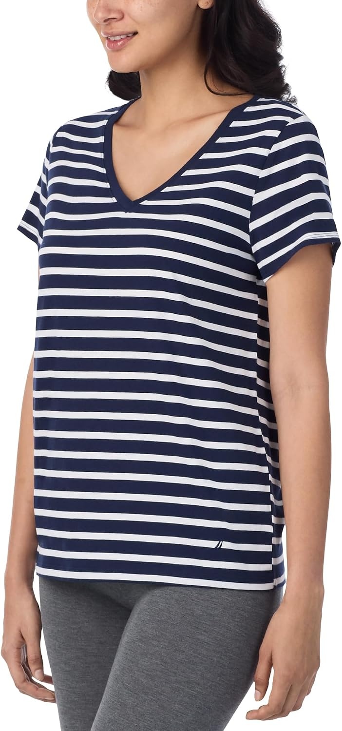 image:imageNautica Womens Sleep Shirt Lightweight Breathable Pajama Top Cotton Knit Jersey VNeck Sleepwear and Loungewear2 Pack NavyNavy Stripe