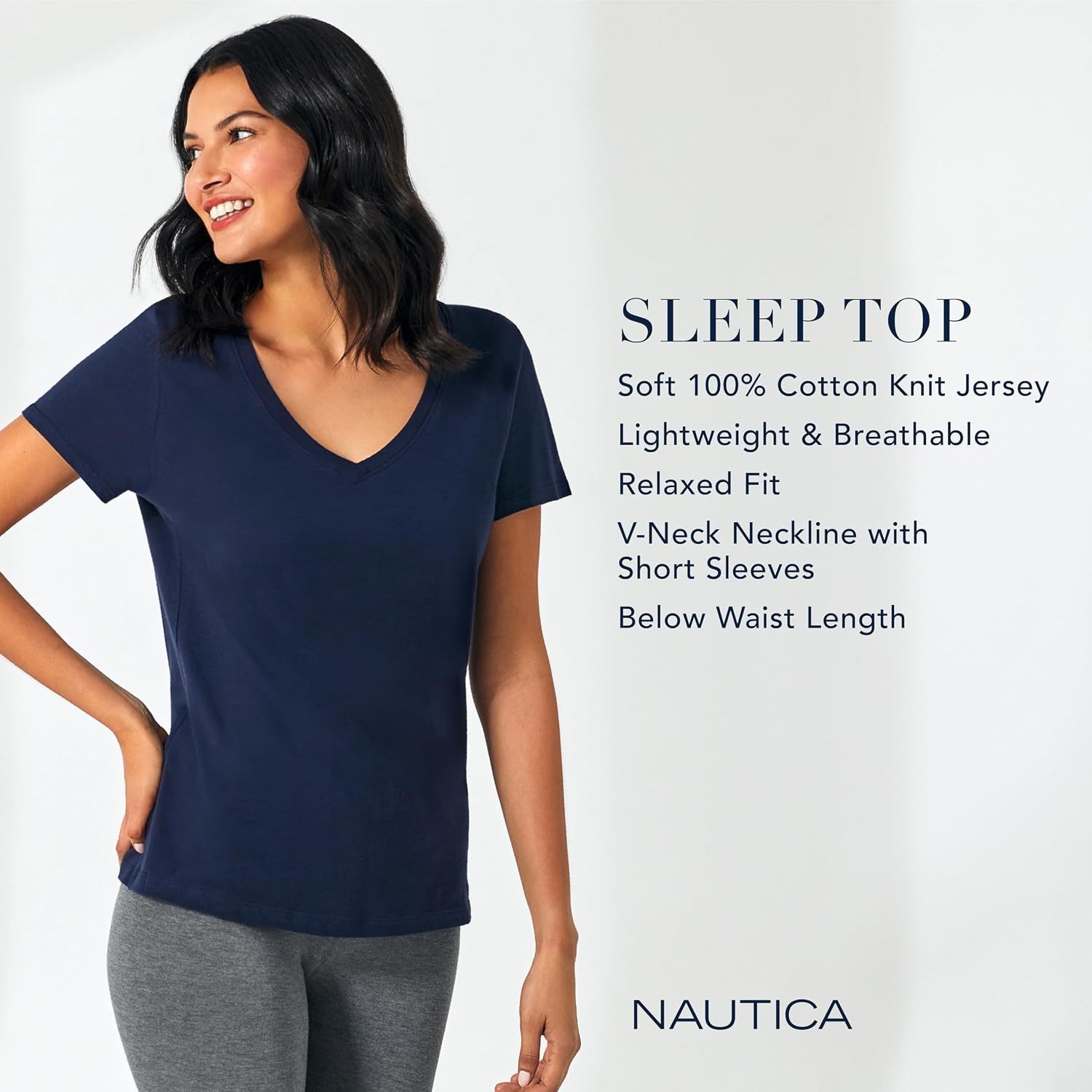 image:imageNautica Womens Sleep Shirt Lightweight Breathable Pajama Top Cotton Knit Jersey VNeck Sleepwear and LoungewearBlack