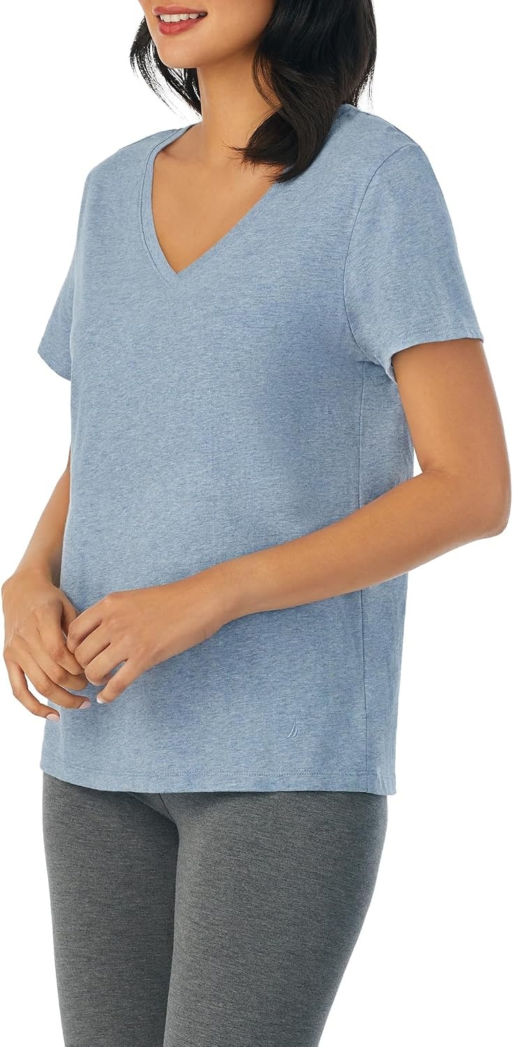 image:imageNautica Womens Sleep Shirt Lightweight Breathable Pajama Top Cotton Knit Jersey VNeck Sleepwear and LoungewearHeather Blue