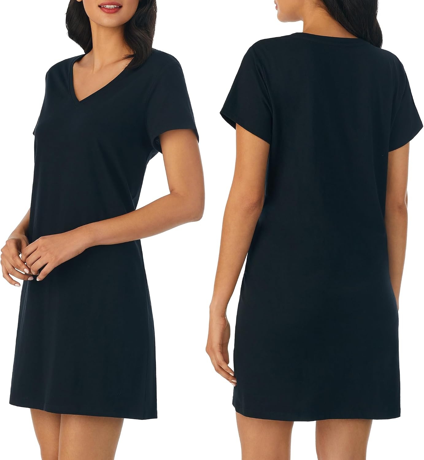image:imageNautica Womens Sleep Shirt Dress Cotton Knit Jersey VNeck Pajama Top Lightweight amp Breathable Sleepwear Loungewear2 Pack NavyBlack