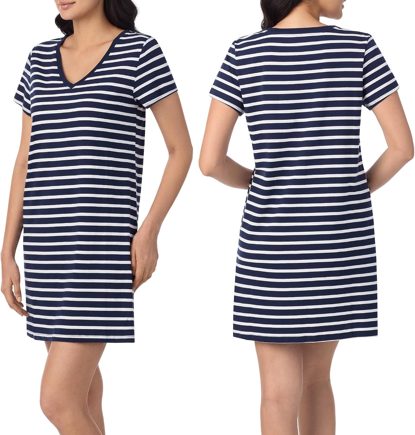 image:imageNautica Womens Sleep Shirt Dress Cotton Knit Jersey VNeck Pajama Top Lightweight amp Breathable Sleepwear Loungewear2 Pack NavyNavy Stripe