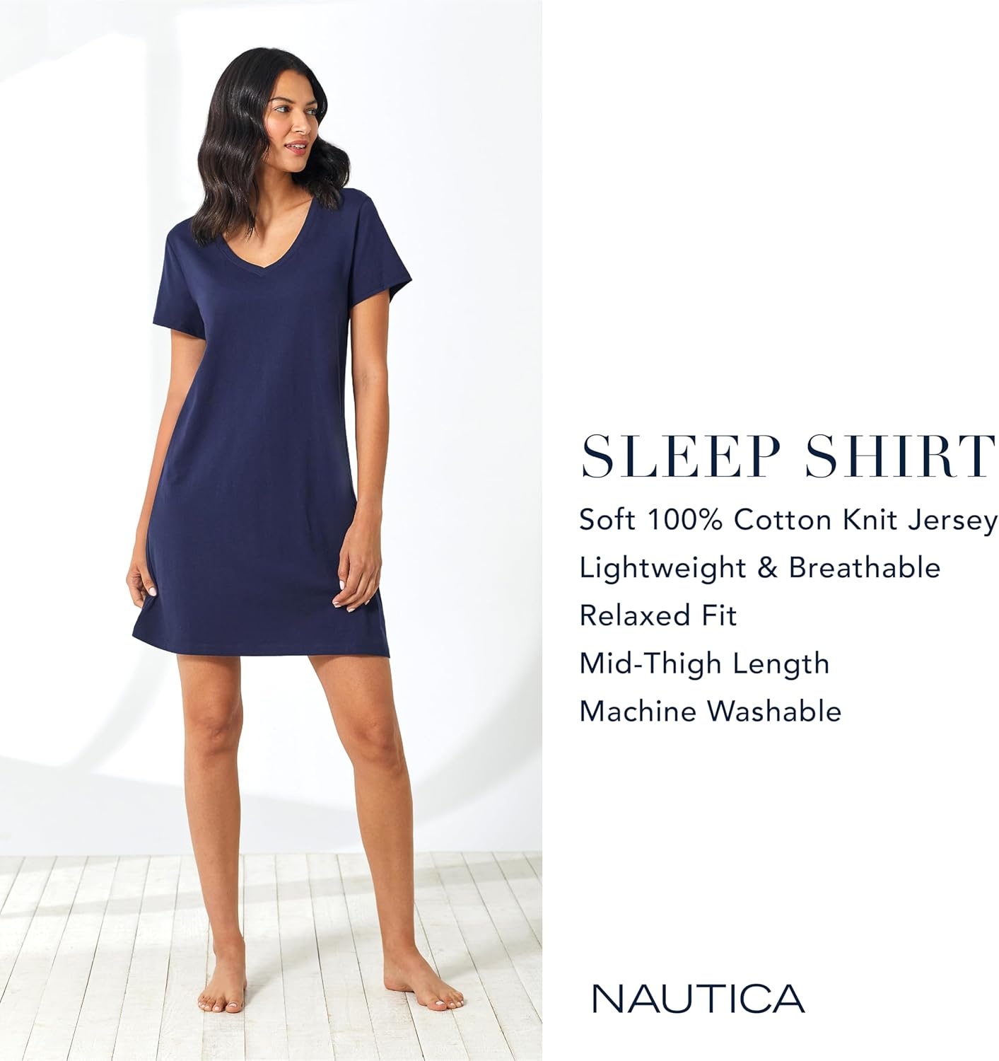 image:imageNautica Womens Sleep Shirt Dress Cotton Knit Jersey VNeck Pajama Top Lightweight amp Breathable Sleepwear LoungewearNavy