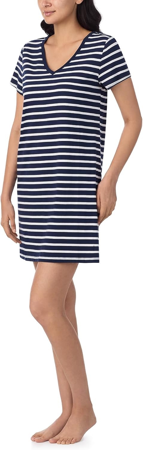 image:imageNautica Womens Sleep Shirt Dress Cotton Knit Jersey VNeck Pajama Top Lightweight amp Breathable Sleepwear LoungewearNavy Stripe