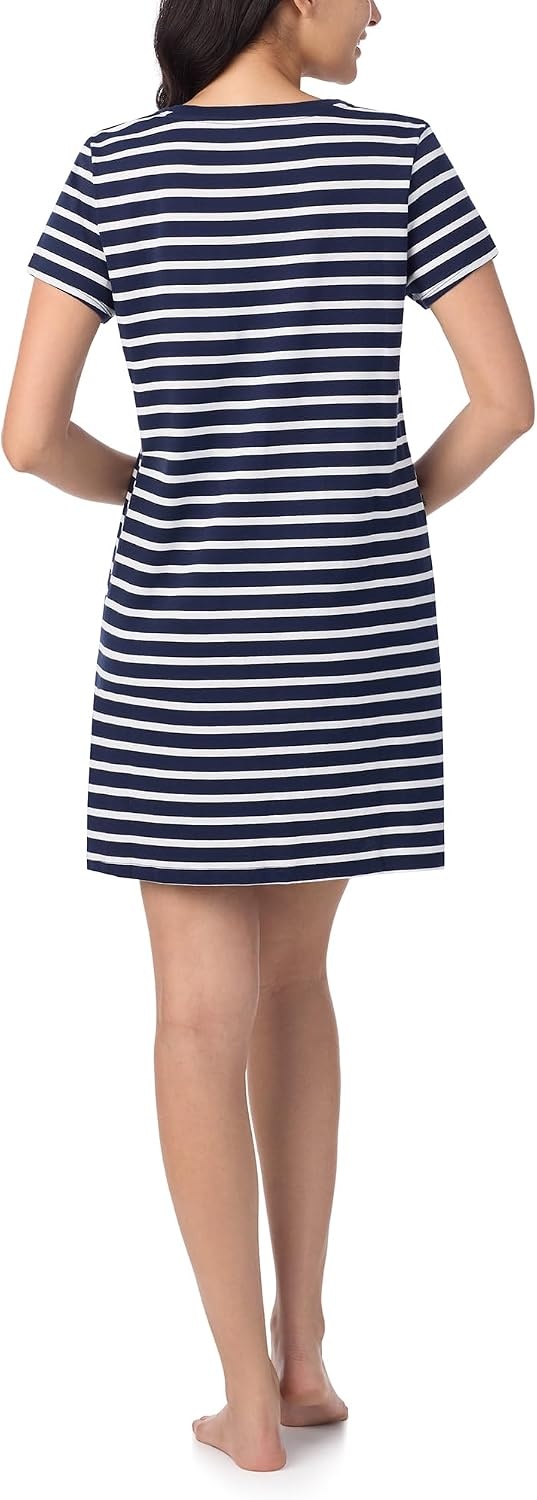 image:imageNautica Womens Sleep Shirt Dress Cotton Knit Jersey VNeck Pajama Top Lightweight amp Breathable Sleepwear LoungewearNavy Stripe