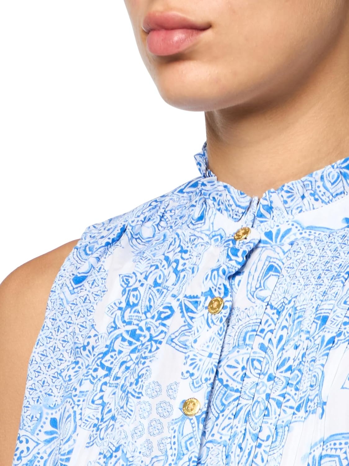 image:imageNautica Womens Sleeveless Pintuck Ruffle Neck Tile Print ShirtIvory Multi