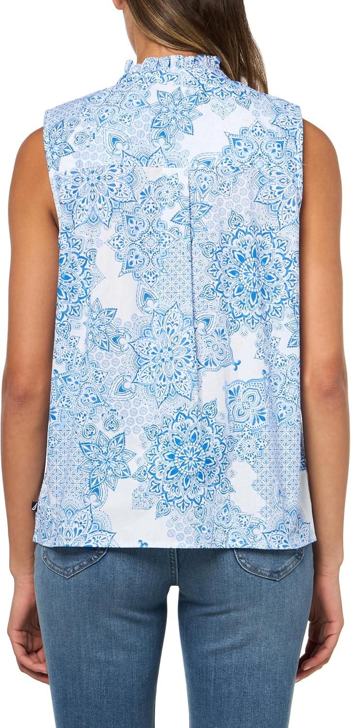image:imageNautica Womens Sleeveless Pintuck Ruffle Neck Tile Print ShirtIvory Multi