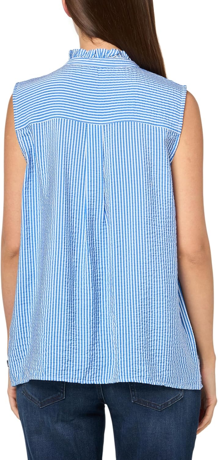 image:imageNautica Womens Sleeveless Pintuck Ruffle Neck Tile Print Striped ShirtPacificBright White