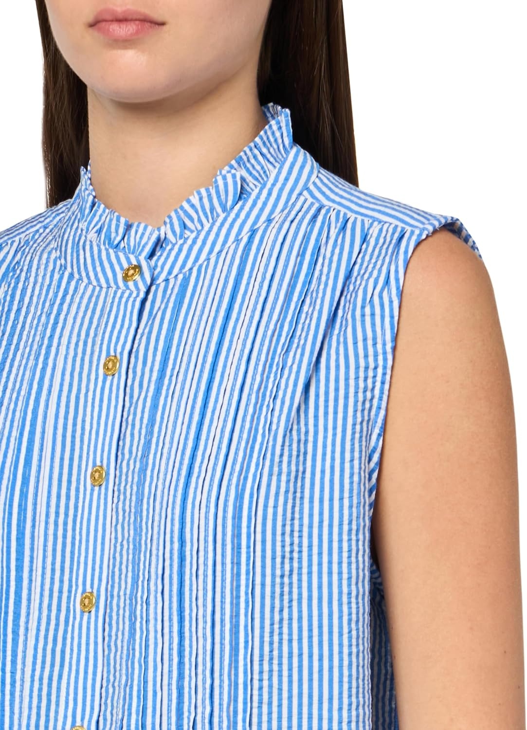 image:imageNautica Womens Sleeveless Pintuck Ruffle Neck Tile Print Striped ShirtPacificBright White