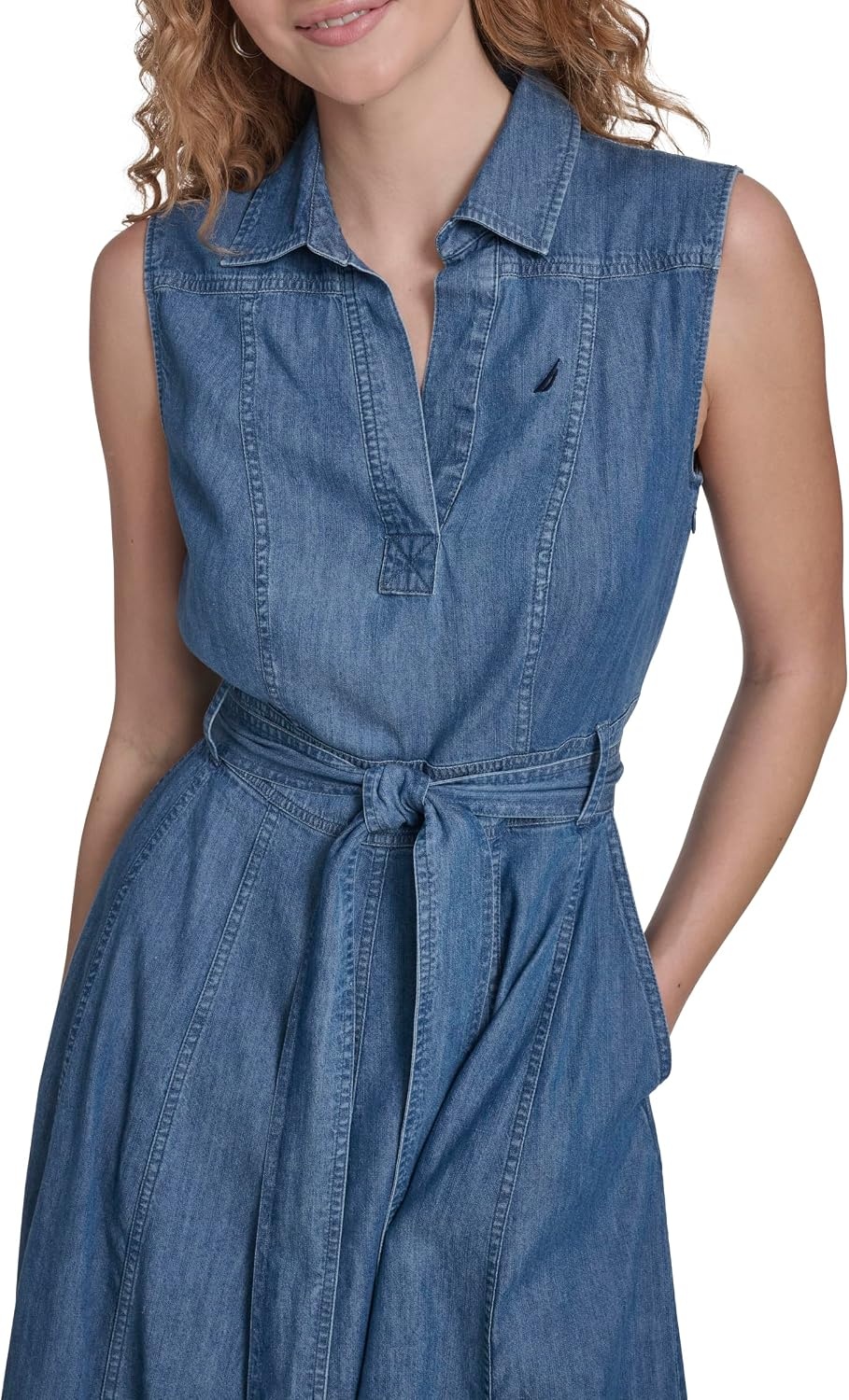 image:imageNautica Womens Sleeveless Shirtdress Belted Chambray DressMedium Azure