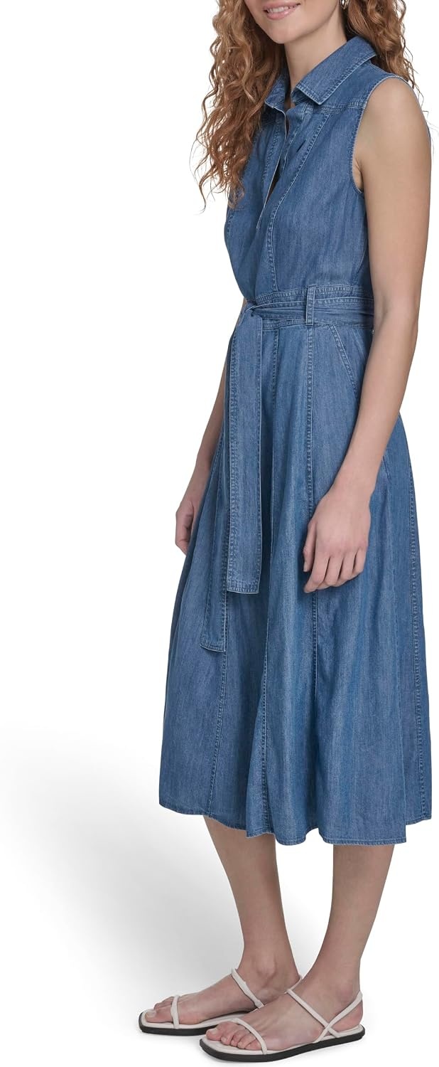 image:imageNautica Womens Sleeveless Shirtdress Belted Chambray DressMedium Azure