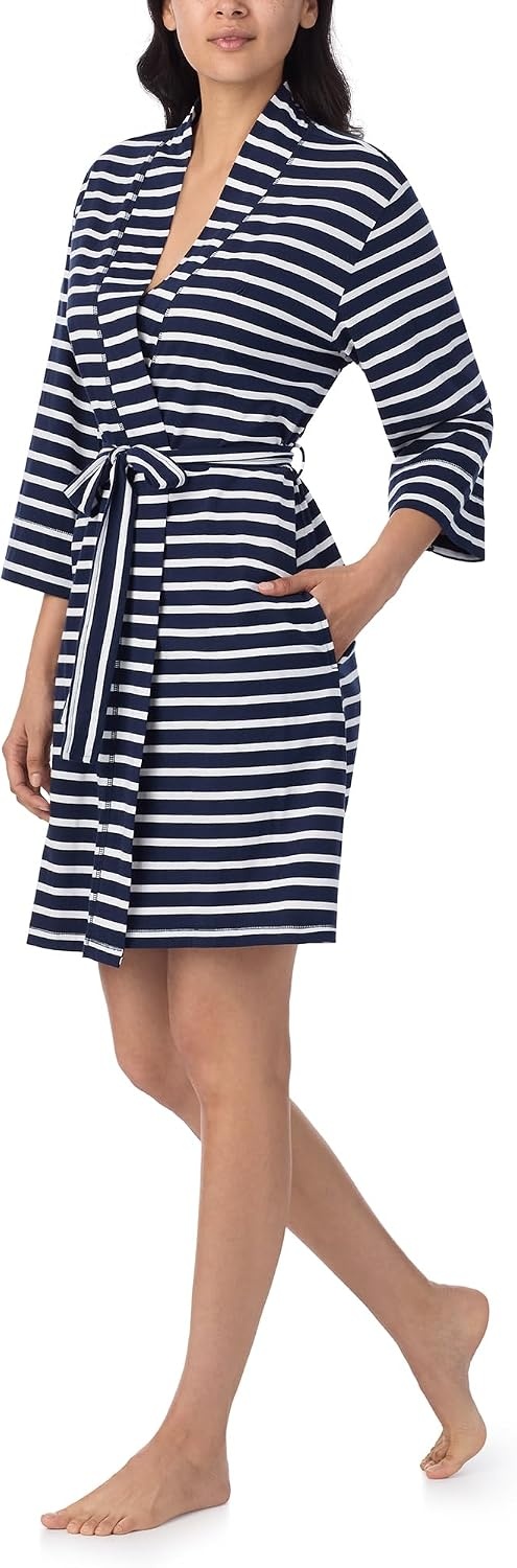 image:imageNautica Womens Soft Robe Above Knee 34 Length Sleeve Lightweight Robe Cotton Knit Jersey Sleepwear and LoungewearNavy Stripe