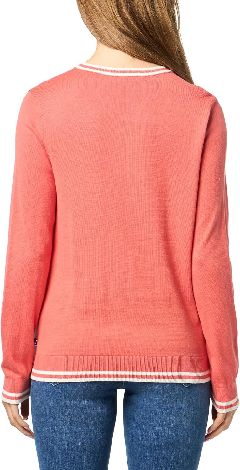 image:imageNautica Womens Solid Cable Long Sleeve Tipped SweaterCoralieIvory