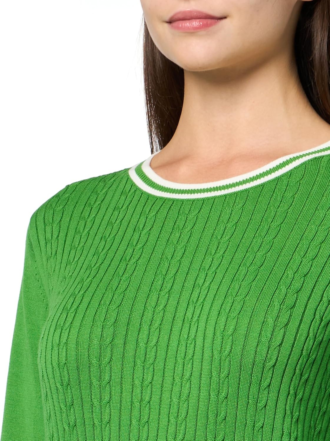 image:imageNautica Womens Solid Cable Long Sleeve Tipped SweaterNew LeafIvory